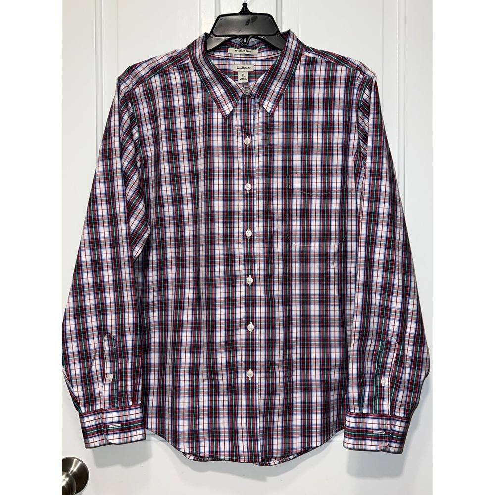 LL Bean Wrinkle Free Plaid Button Up Shirt Womens XL Petite Red Blue Cotton